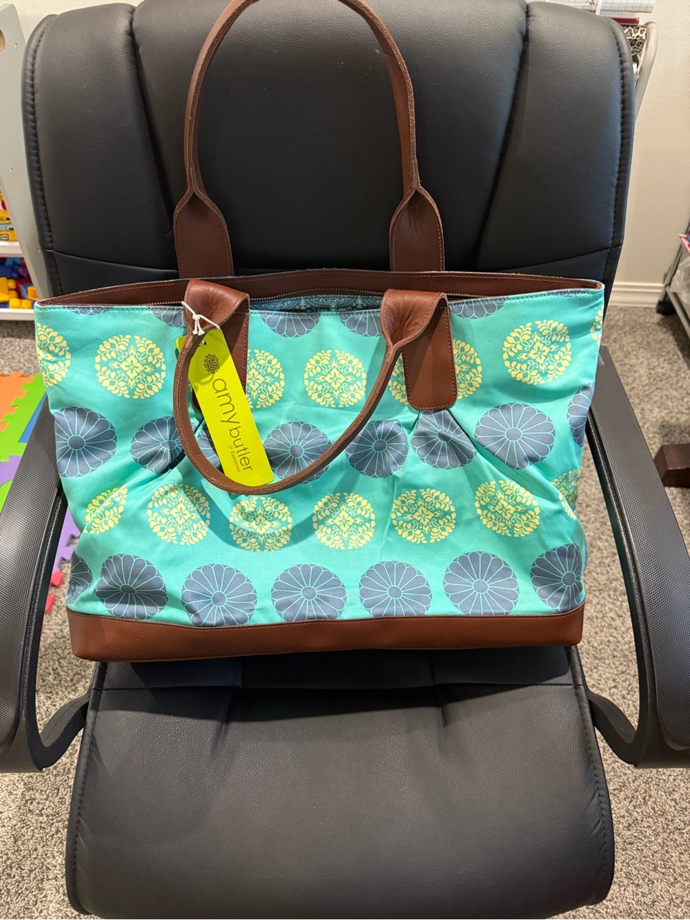 Amy Butler Teal Floral Pattern Tote with Brown Trim